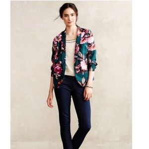 Anthropologie Teal Floral Blazer with Pink Roses